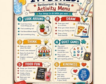 Restaurant Activity Menu Printable | I’m Bored Waiting Activities for Kids, Screen Free Travel Sheet