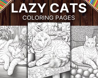50 Lazy Cats Coloring Pages for Adults, Animal Coloring Book for Kitten Lovers, Grayscale Coloring Pages, Printable Pdf, Digital Download