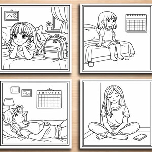 May include: Four-panel illustration featuring a young person in various poses. One panel shows the person lying on a bed with a backpack. Another shows the person sitting on a bed. The other two panels show the person in a room.