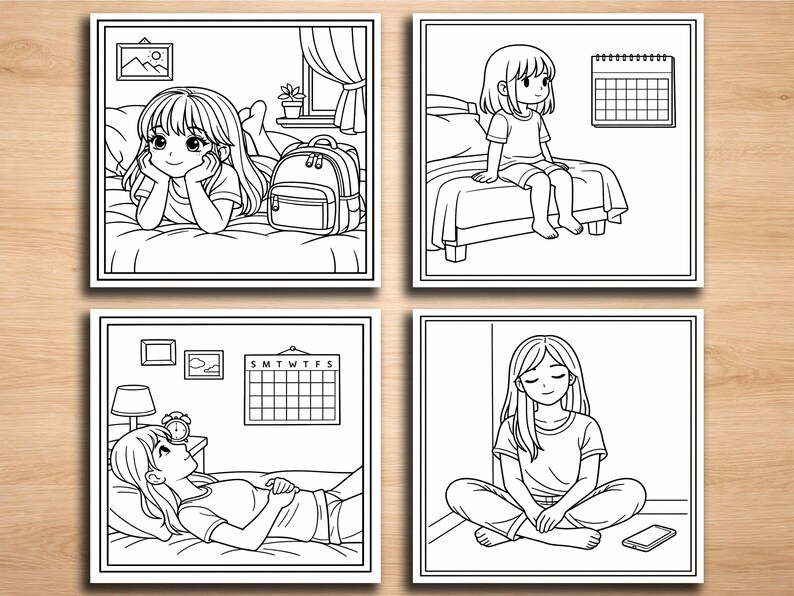 May include: Four-panel illustration featuring a young person in various poses. One panel shows the person lying on a bed with a backpack. Another shows the person sitting on a bed. The other two panels show the person in a room.