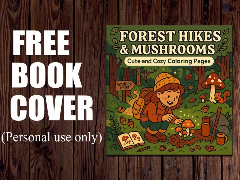 May include: A book cover design with the text "FREE BOOK COVER" and "(Personal use only)". The cover art features a cartoon illustration of a person in a forest, with the words "FOREST HIKES & MUSHROOMS" and "Cute and Cozy Coloring Pages".