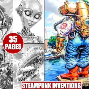 Steampunk Inventions Coloring Pages: 35 Grayscale Illustrations (Digital Download)