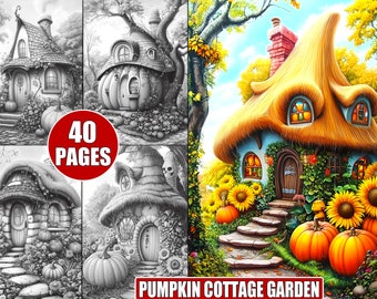 May include: A whimsical pumpkin cottage garden with a thatched roof, blue walls, and a stone pathway leading to the front door. The cottage is surrounded by sunflowers, pumpkins, and lush greenery. The image includes the text "40 PAGES" and "PUMPKIN COTTAGE GARDEN".