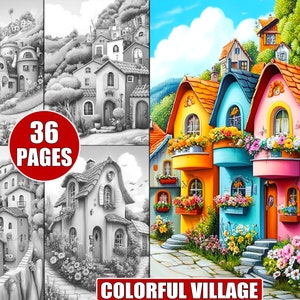 Whimsical Village Coloring Pages: Grayscale Illustrations for Adults (Printable PDF)