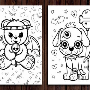 May include: Black and white coloring page featuring a cute teddy bear with wings holding a lollipop and a cute dog with stitches and a bone balloon. Both characters are surrounded by hearts, stars, and bats.