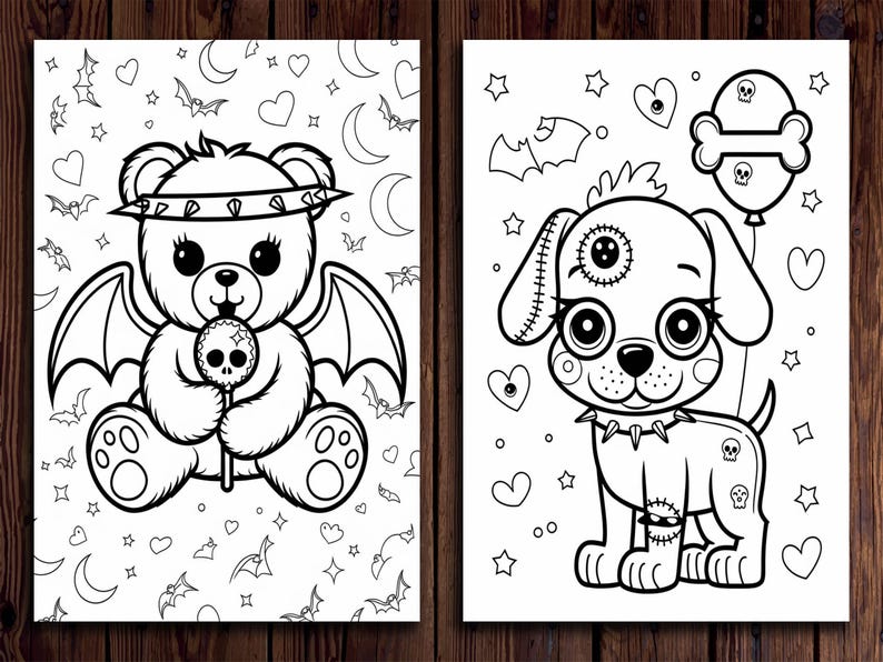 May include: Black and white coloring page featuring a cute teddy bear with wings holding a lollipop and a cute dog with stitches and a bone balloon. Both characters are surrounded by hearts, stars, and bats.
