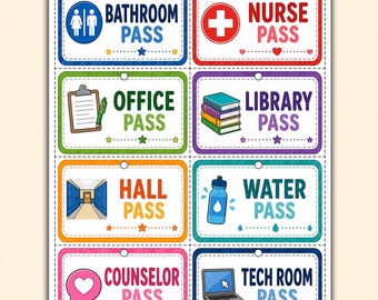 Classroom Passes Printable for Teachers | Bathroom, Hall, Nurse & Library Pass Set | Classroom Management Tool