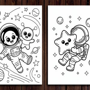 May include: Two black and white coloring pages featuring space-themed illustrations. One shows an astronaut with an alien, surrounded by stars and planets. The other depicts an astronaut holding a star, with planets and stars.