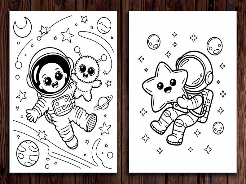 May include: Two black and white coloring pages featuring space-themed illustrations. One shows an astronaut with an alien, surrounded by stars and planets. The other depicts an astronaut holding a star, with planets and stars.