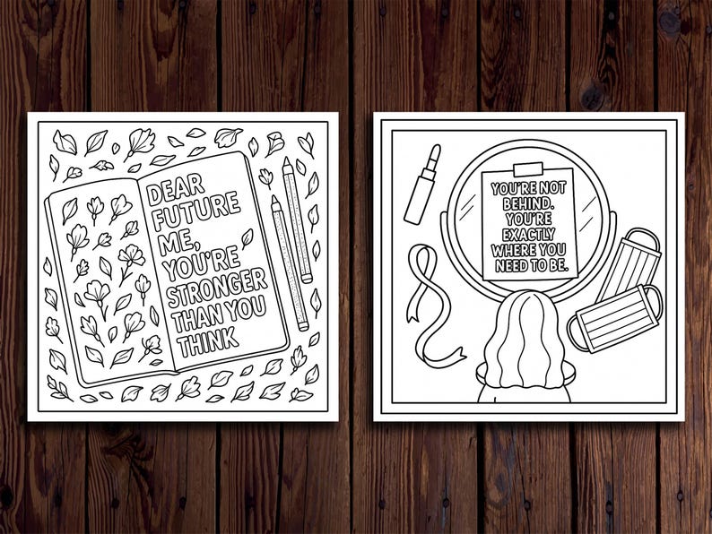 May include: Two black and white inspirational art prints. One shows a journal with the text "DEAR FUTURE ME, YOU'RE STRONGER THAN YOU THINK." The other depicts a mirror with the text "YOU'RE NOT BEHIND, YOU'RE EXACTLY WHERE YOU NEED TO BE."