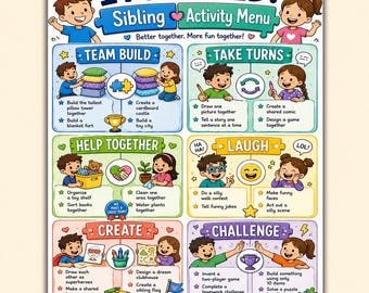 Sibling Activity Menu Printable | Sibling Activities for Kids, Brother and Sister Teamwork Games