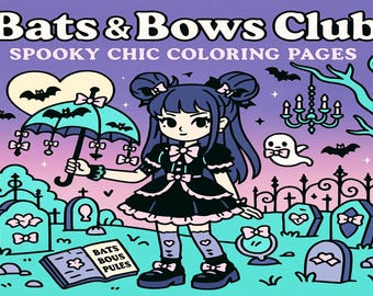 Pastel Goth Coloring Pages – Bats, Bows & Kawaii Halloween (PDF Pattern)
