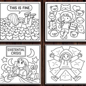 Op de afbeelding: Vier zwart-wit illustraties in cartoonstijl. E&eacute;n toont de tekst 'THIS IS FINE'. Een andere toont een persoon met een 'To-do: nothing'-lijst. De andere twee tonen een persoon in bed en op kussens.