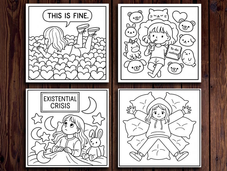 Op de afbeelding: Vier zwart-wit illustraties in cartoonstijl. E&eacute;n toont de tekst 'THIS IS FINE'. Een andere toont een persoon met een 'To-do: nothing'-lijst. De andere twee tonen een persoon in bed en op kussens.