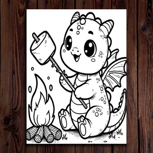 May include: Black and white illustration of a cute dragon roasting a marshmallow over a campfire. The dragon has large eyes, small horns, and wings. The campfire is made of logs and flames.