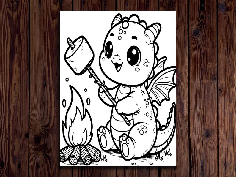 May include: Black and white illustration of a cute dragon roasting a marshmallow over a campfire. The dragon has large eyes, small horns, and wings. The campfire is made of logs and flames.