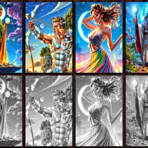 May include: A digital art collage of eight images depicting different characters in a fantasy setting. The characters are a woman in a rainbow dress, a man with a bow and arrow, a woman in a white dress, a man with a staff, a woman in a blue robe, a man with a bow and arrow, a woman in a white dress, and a man with a staff. The images are in a grid format, with four images on the top row and four images on the bottom row. The images are all in a similar style, with a dark background and a bright, colorful foreground.