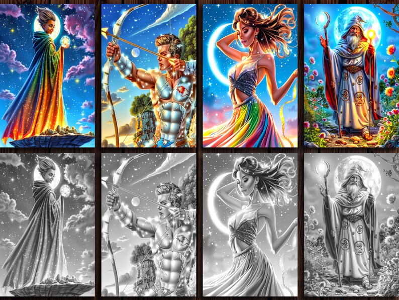 May include: A digital art collage of eight images depicting different characters in a fantasy setting. The characters are a woman in a rainbow dress, a man with a bow and arrow, a woman in a white dress, a man with a staff, a woman in a blue robe, a man with a bow and arrow, a woman in a white dress, and a man with a staff. The images are in a grid format, with four images on the top row and four images on the bottom row. The images are all in a similar style, with a dark background and a bright, colorful foreground.