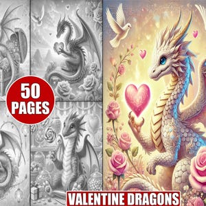 50 Wydrukowanych Stron Kolorowanek Walentynkowych Smoków w Skali Szarości dla Dorosłych, Romantyczna Sztuka Fantasy Smoków, Kolorowanka Walentynkowa PDF