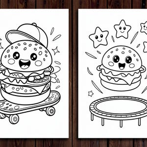 Pu&ograve; includere: Due pagine da colorare in bianco e nero con un hamburger di cartone animato. La prima pagina mostra l'hamburger con un berretto da baseball e che fa skateboard. La seconda pagina mostra l'hamburger che salta su un trampolino con le stelle intorno.
