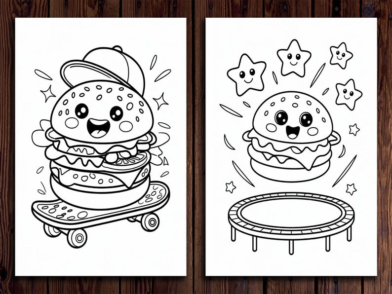 Pu&ograve; includere: Due pagine da colorare in bianco e nero con un hamburger di cartone animato. La prima pagina mostra l'hamburger con un berretto da baseball e che fa skateboard. La seconda pagina mostra l'hamburger che salta su un trampolino con le stelle intorno.