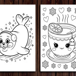 May include: A black and white coloring page featuring a cute seal wearing earmuffs and a cup of hot cocoa with a lemon slice. The page is decorated with snowflakes and hearts.