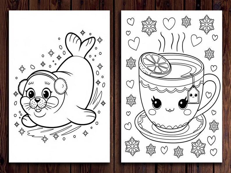May include: A black and white coloring page featuring a cute seal wearing earmuffs and a cup of hot cocoa with a lemon slice. The page is decorated with snowflakes and hearts.