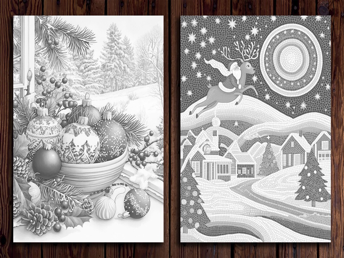 Christmas Scenes Coloring Pages Grayscale Winter Wonderland Art 