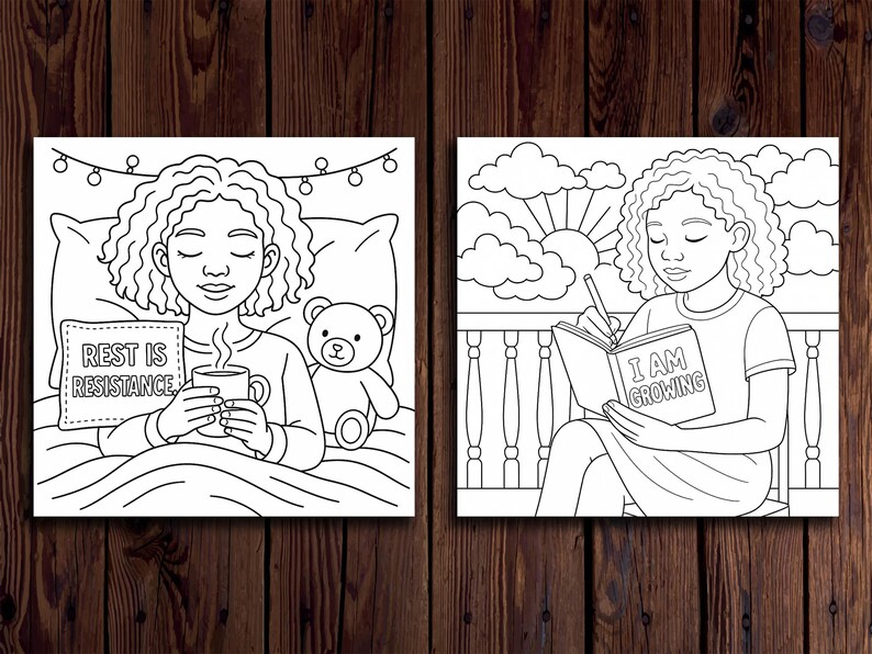 Op de afbeelding: Twee zwart-wit illustraties. E&eacute;n toont een persoon in bed met een mok en een bord met de tekst "REST IS RESISTANCE". De andere toont een persoon die in een boek schrijft met de tekst "I AM GROWING".