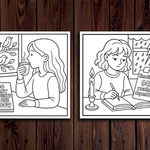 May include: Two black and white illustrations on a wooden background. The first shows a person drinking from a mug with the text "TOO MANY THOUGHTS FOR ONE WINDOW." The second shows a person writing with the text "Emotions: 94% weather-dependent."