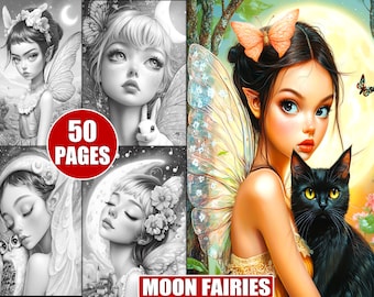 Moon Fairies Coloring Pages: Grayscale Mystical Fairy Art (Printable PDF