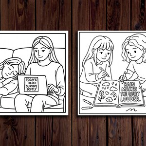 May include: Two black and white illustrations on a wooden background. One shows a person using a laptop with the text "TODAY'S TO-DO: SURVIVE SOFTLY". The other shows two people drawing in a book with the text "RAIN MAKES THE QUIET LOUDER."