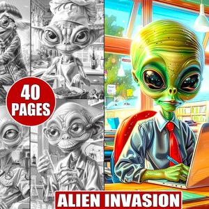 40 Printable Alien Invasion Coloring Pages in Grayscale for Adults, Sci-Fi Extraterrestrial Fantasy with UFOs, Creepy Space Coloring Book
