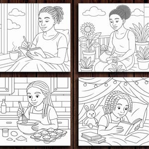 May include: Black and white line art illustration of four different scenes featuring a young woman. The first scene shows a woman sitting in a chair, writing in a journal. The second scene shows a woman watering plants on a balcony. The third scene shows a woman baking in the kitchen. The fourth scene shows a woman reading a book in bed.