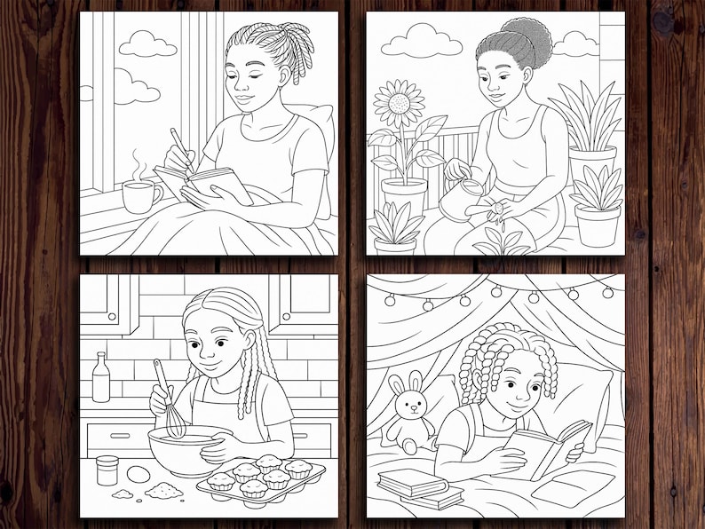 May include: Black and white line art illustration of four different scenes featuring a young woman. The first scene shows a woman sitting in a chair, writing in a journal. The second scene shows a woman watering plants on a balcony. The third scene shows a woman baking in the kitchen. The fourth scene shows a woman reading a book in bed.