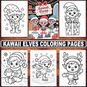 Könnte beinhalten: Eine Sammlung von Kawaii Elfen-Malvorlagen in Schwarzweiß. Die Seiten zeigen Elfen in verschiedenen Urlaubsszenen, darunter das Halten von Geschenken, Eislaufen und das Genießen von heißer Schokolade. Der Titel "Kawaii Elves Coloring Book" wird angezeigt.