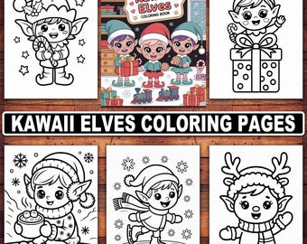 May include: A selection of black and white Kawaii Elves colouring pages. The pages feature elves in various holiday scenes, including holding gifts, ice skating, and enjoying hot cocoa. The title "Kawaii Elves Coloring Book" is displayed.