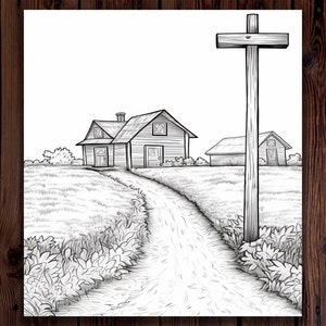 May include: A black and white line drawing of a farmhouse with a dirt road leading up to it. A wooden post with a cross on top stands in the foreground.