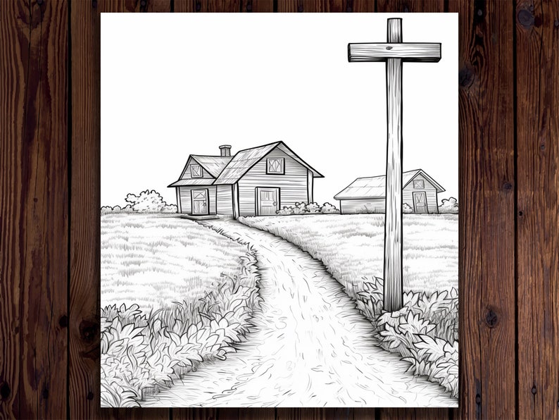 May include: A black and white line drawing of a farmhouse with a dirt road leading up to it. A wooden post with a cross on top stands in the foreground.