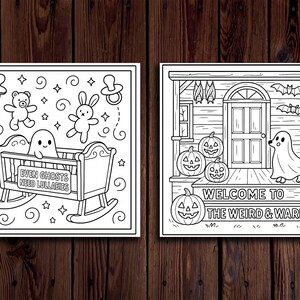 K&ouml;nnte beinhalten: Zwei schwarz-wei&szlig;e Halloween-Illustrationen. Eine zeigt einen Geist in einer Wiege mit dem Text "EVEN GHOSTS NEED LULLABIES". Die andere zeigt einen Geist auf einer Veranda mit K&uuml;rbissen und dem Text "WELCOME TO THE WEIRD & WARM."