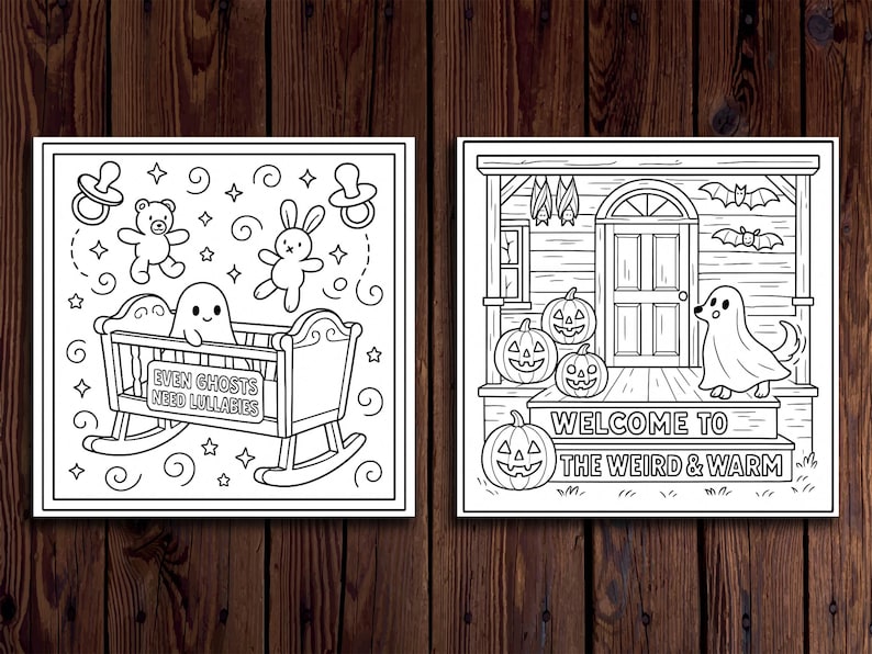 K&ouml;nnte beinhalten: Zwei schwarz-wei&szlig;e Halloween-Illustrationen. Eine zeigt einen Geist in einer Wiege mit dem Text "EVEN GHOSTS NEED LULLABIES". Die andere zeigt einen Geist auf einer Veranda mit K&uuml;rbissen und dem Text "WELCOME TO THE WEIRD & WARM."