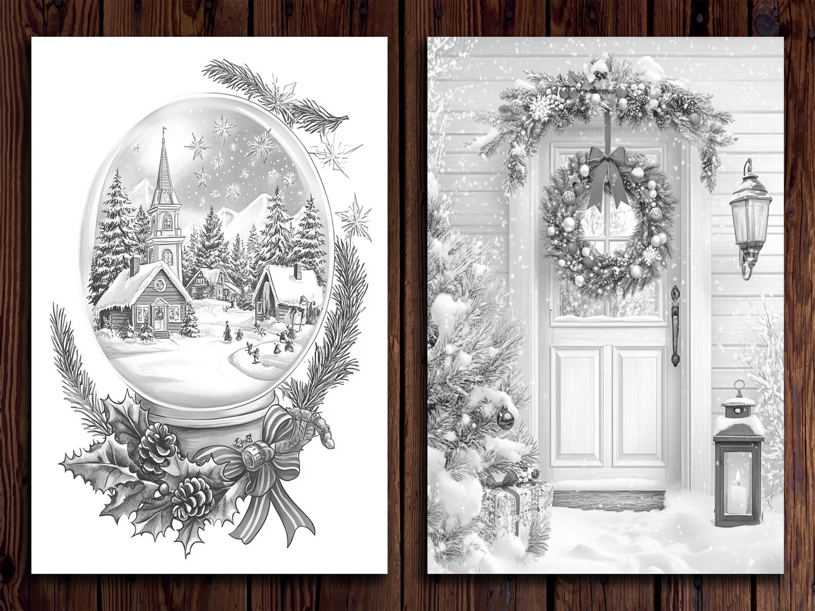 Christmas Scenes Coloring Pages Grayscale Winter Wonderland Art 