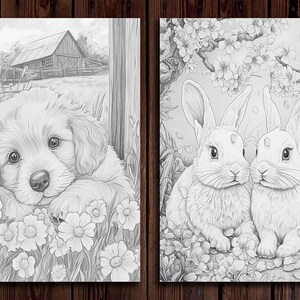 May include: A black and white illustration of a puppy with floppy ears sitting in a field of flowers. The puppy is looking at the viewer. The background is a simple barn.