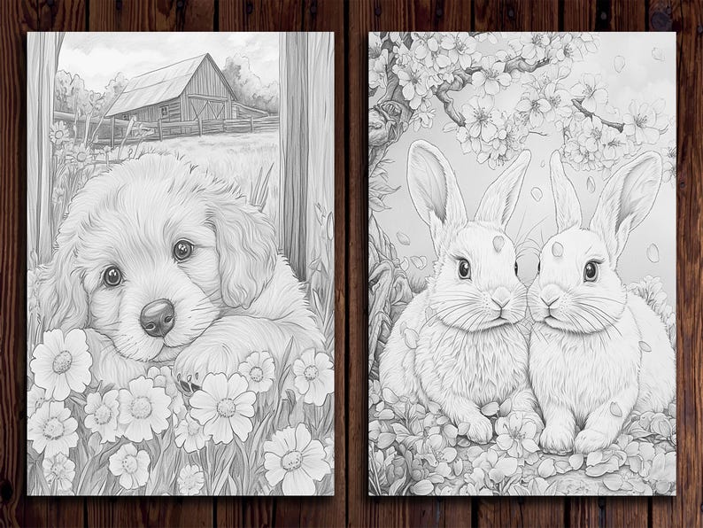 May include: A black and white illustration of a puppy with floppy ears sitting in a field of flowers. The puppy is looking at the viewer. The background is a simple barn.
