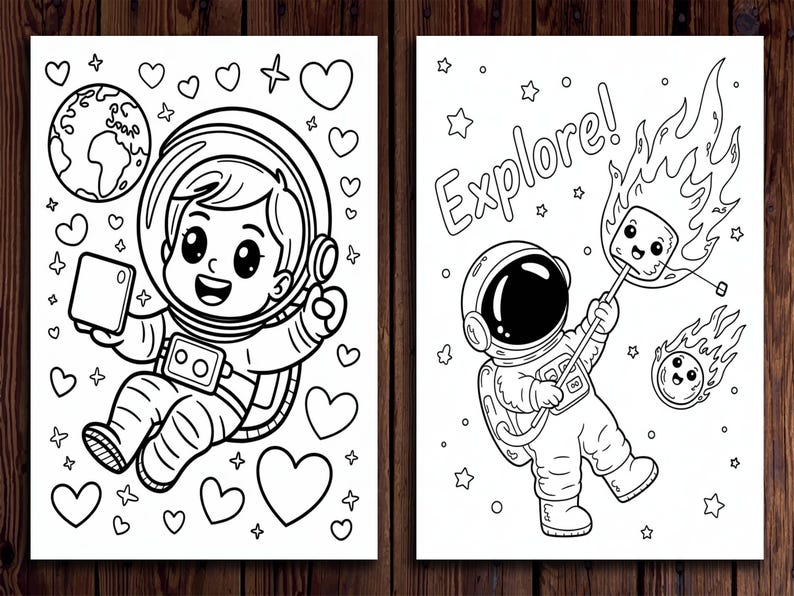 May include: Two black and white coloring pages featuring astronauts. One astronaut is holding a phone near Earth and surrounded by hearts and stars. The other astronaut is roasting a marshmallow with the word "Explore!" above.