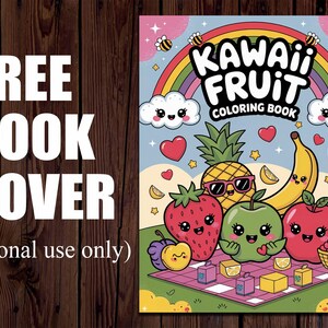 Puede incluir: Portada de libro para colorear "Kawaii Fruit" con frutas de dibujos animados sonrientes, un arco&iacute;ris y el texto "FREE BOOK COVER". La portada incluye una pi&ntilde;a con gafas de sol, una fresa, una manzana, un pl&aacute;tano y una manzana roja.