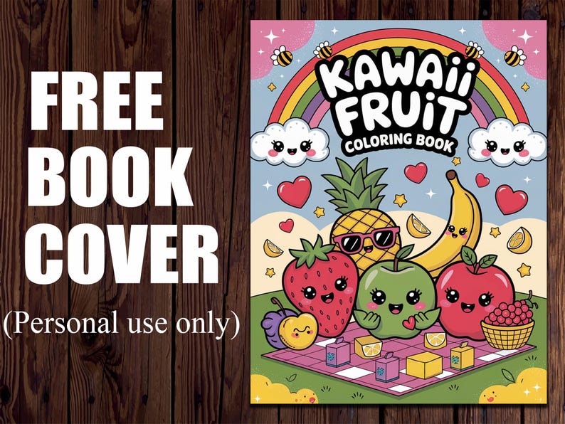 Puede incluir: Portada de libro para colorear "Kawaii Fruit" con frutas de dibujos animados sonrientes, un arco&iacute;ris y el texto "FREE BOOK COVER". La portada incluye una pi&ntilde;a con gafas de sol, una fresa, una manzana, un pl&aacute;tano y una manzana roja.