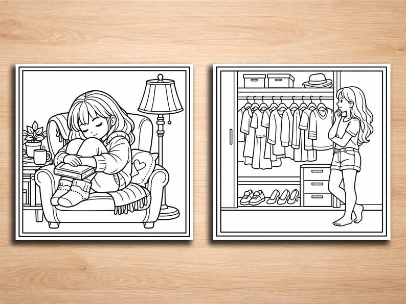 May include: Two black and white illustrations. The first shows a person curled up in a chair, reading a book. The second shows a person standing in front of a closet filled with clothes, shoes, and a hat.