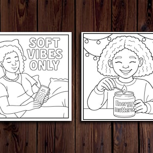 May include: Two black and white illustrations on a wooden background. One shows a person in bed with headphones, holding a phone with the text "SOFT VIBES ONLY." The other shows a person lighting a candle with the text "Energy matters."