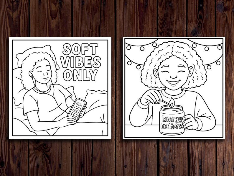 May include: Two black and white illustrations on a wooden background. One shows a person in bed with headphones, holding a phone with the text "SOFT VIBES ONLY." The other shows a person lighting a candle with the text "Energy matters."